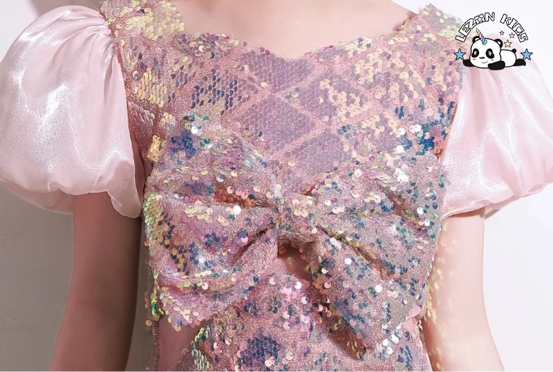 LEZONKIDS - Customizable New Arrival Children's Summer Sequin Party Dress High End Puff Sleeves Girls Dress